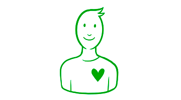 Abgebildet ist eine Person mit einem Herz‐Symbol auf der Brust. Alle Elemente sind grüne, gezeichnete Outlines.