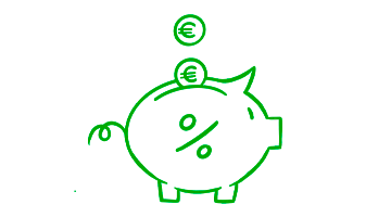 Ein Sparschwein ist seitlich abgebildet, in das zwei Euromünzen hineinfallen, auf seinem Bauch ein Prozentzeichen. Alle Elemente sind gezeichnete, grüne Outlines.