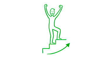 Eine Person geht eine Treppe hoch, beide Arme in die Luft gestreckt und glücklich lächelnd. Unter der Treppe sieht man einen Pfeil, der im Schwung von rechts unten nach links oben zeigt. Alle Elemente sind gezeichnete, grüne Outlines.
