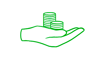 Eine Hand ist seitlich zu sehen, auf der sich zwei Türme aus Kleingeld befinden, einer etwas größer als der andere. Daneben steht „+150 €“. Alle Elemente sind gezeichnete, grüne Outlines.