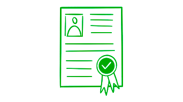 Ein Zertifikat mit einer Auszeichnung ist zu sehen. Alle Elemente sind gezeichnete, grüne Outlines.