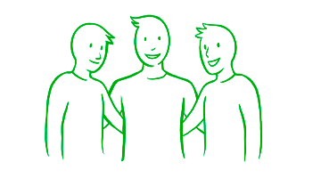 Drei Personen halten sich freundschaftlich in den Armen. Alle Elemente sind gezeichnete, grüne Outlines.